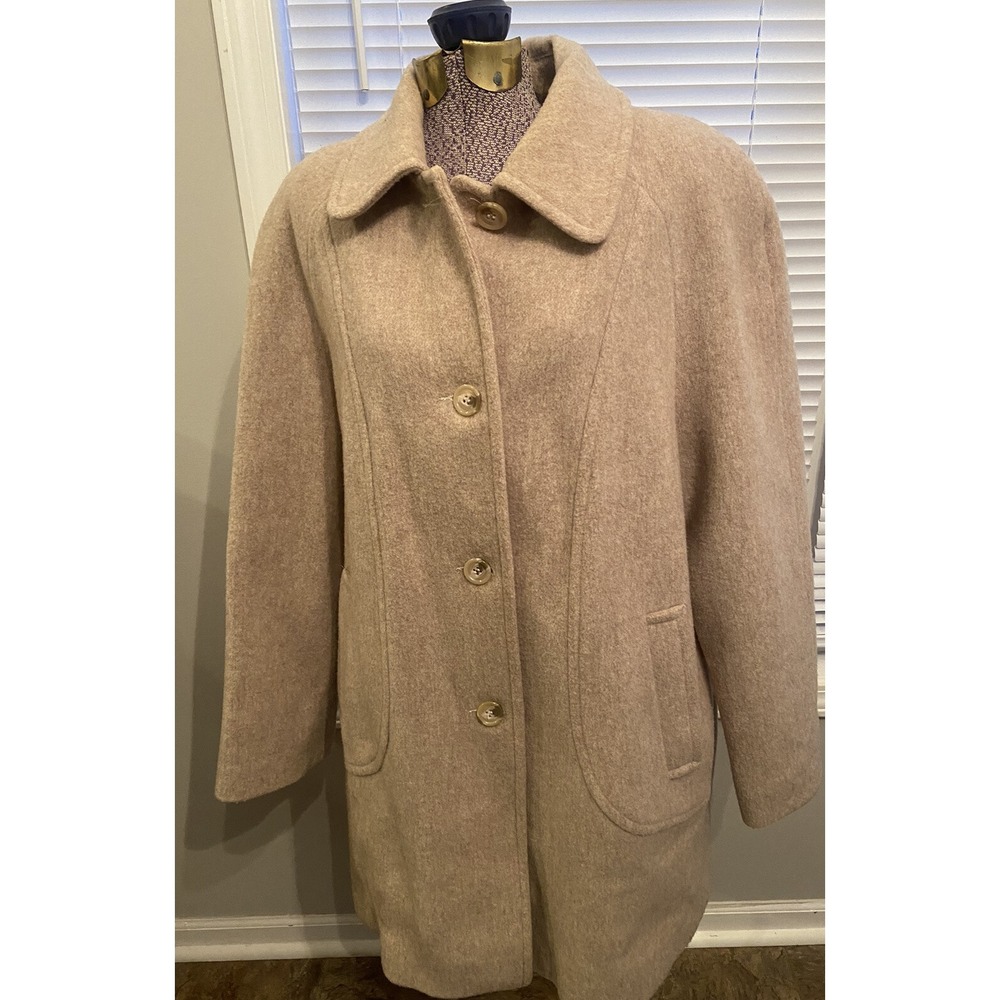 Herman Kay‎ Womens L Wool Coat Fitted Long Sleeve Button Front Pockets Beige VTG